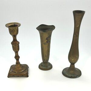 Vintage Brass Decor Lot Bud Vases & Candlestick Patina Mixed Brass Set Bookcase